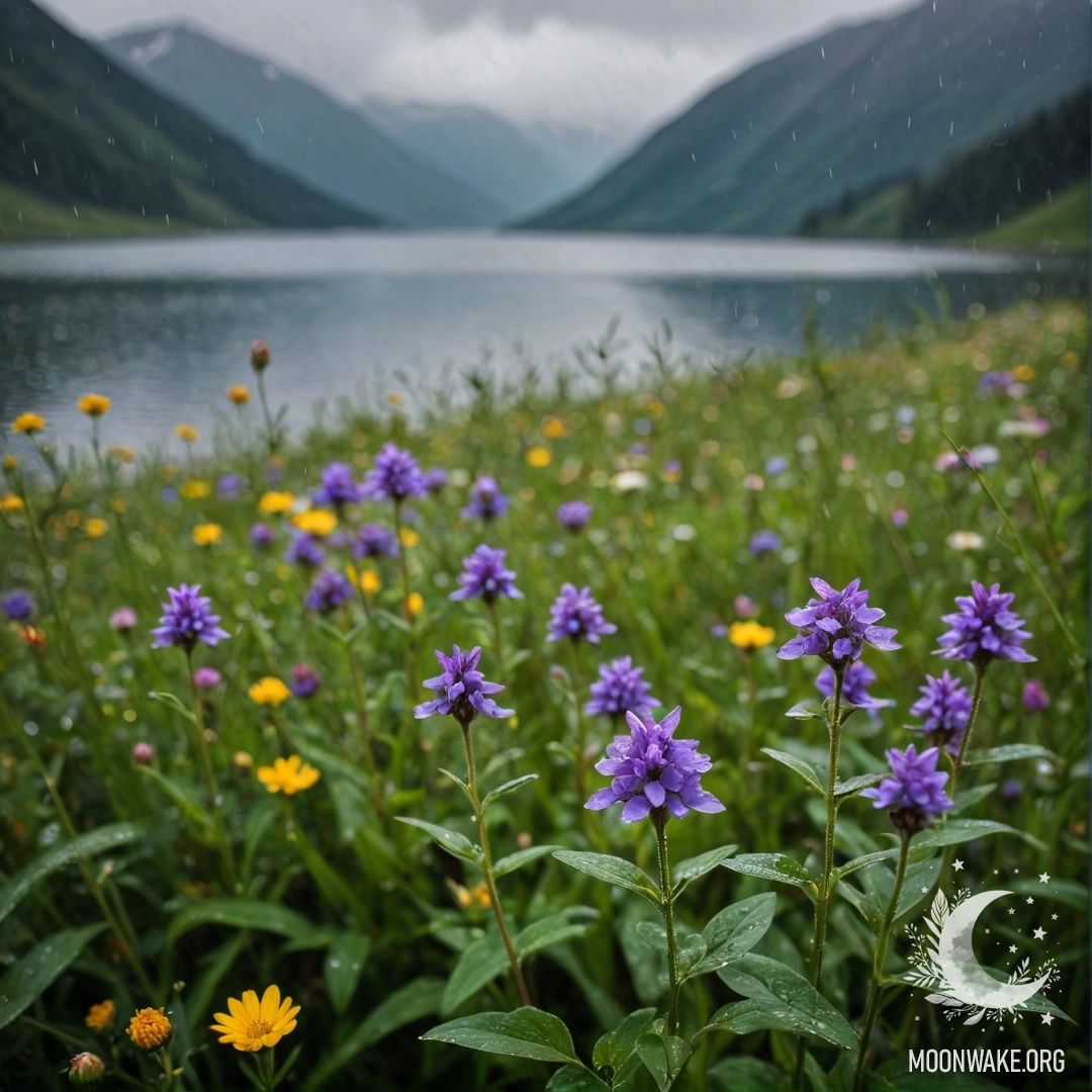 Крупный план уютных полевых цветов на фоне размытого горного озера под дождем.