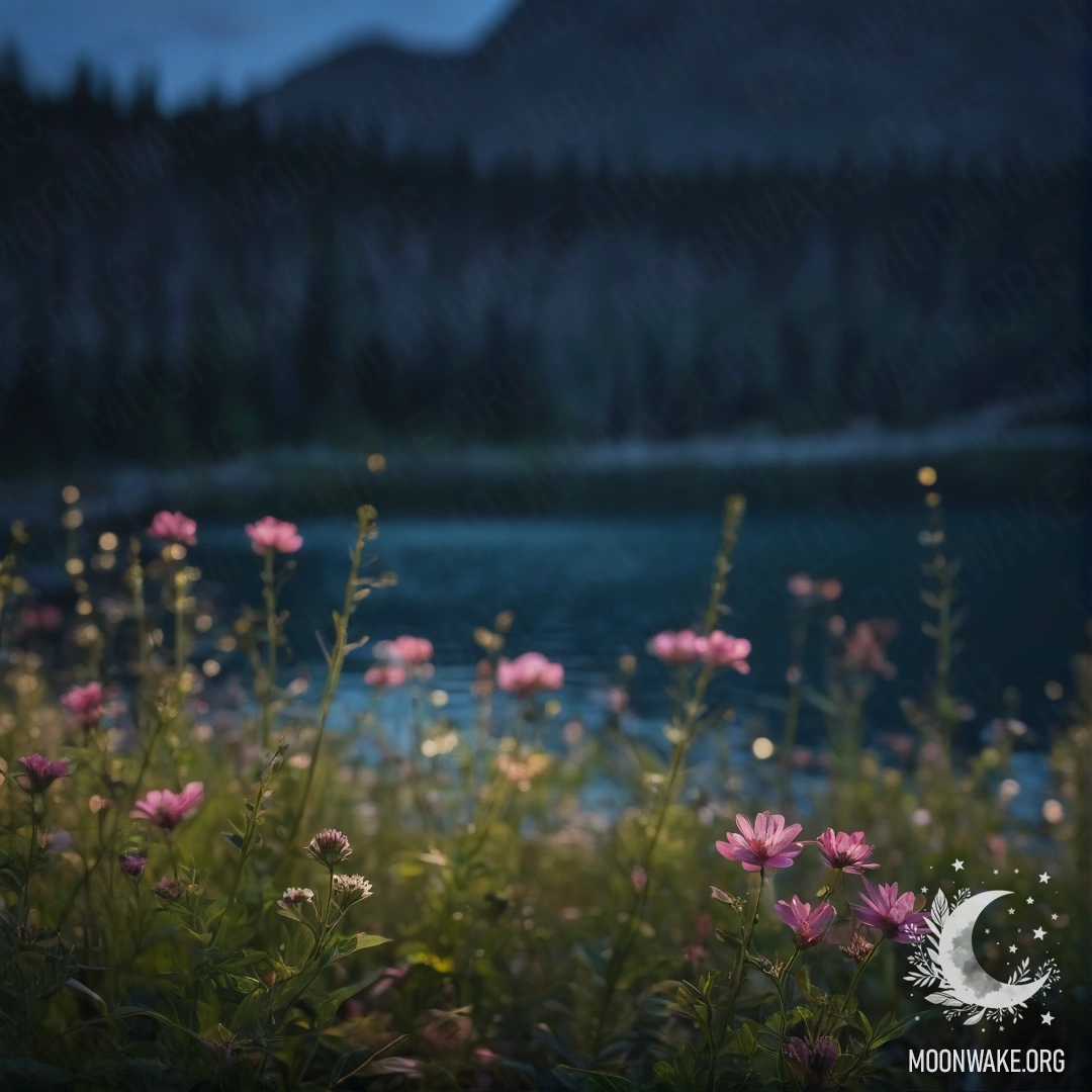 Крупный план полевых цветов на фоне размытого горного озера ночью.