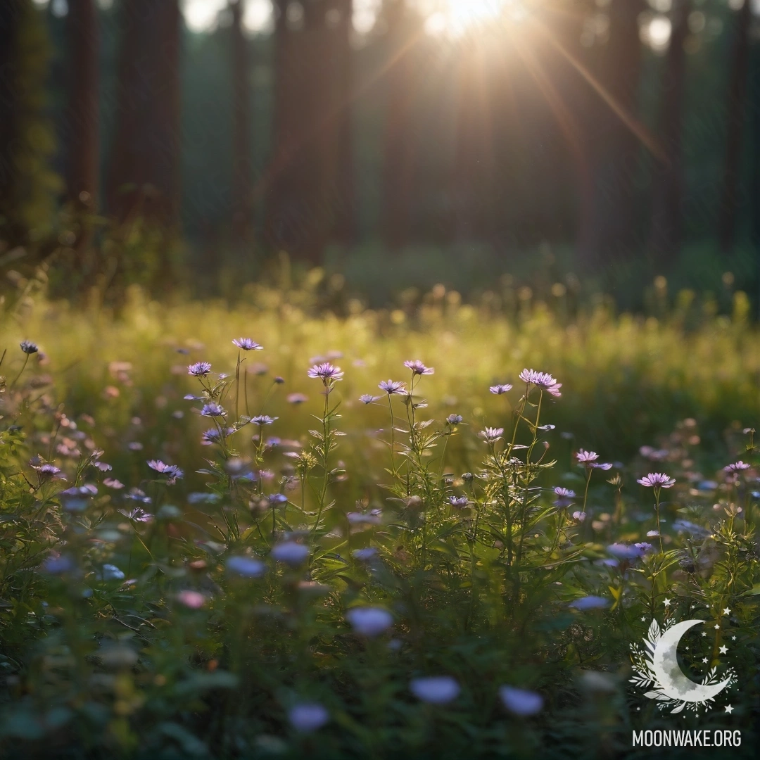 Крупный план уютных полевых цветов на фоне размытого леса и лунного света.