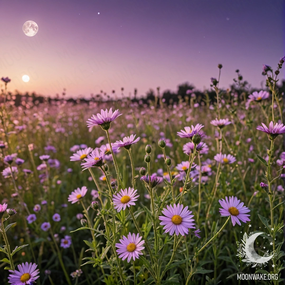 Крупный план уютных полевых цветов на фоне розово-фиолетового неба с луной в солнечную погоду.