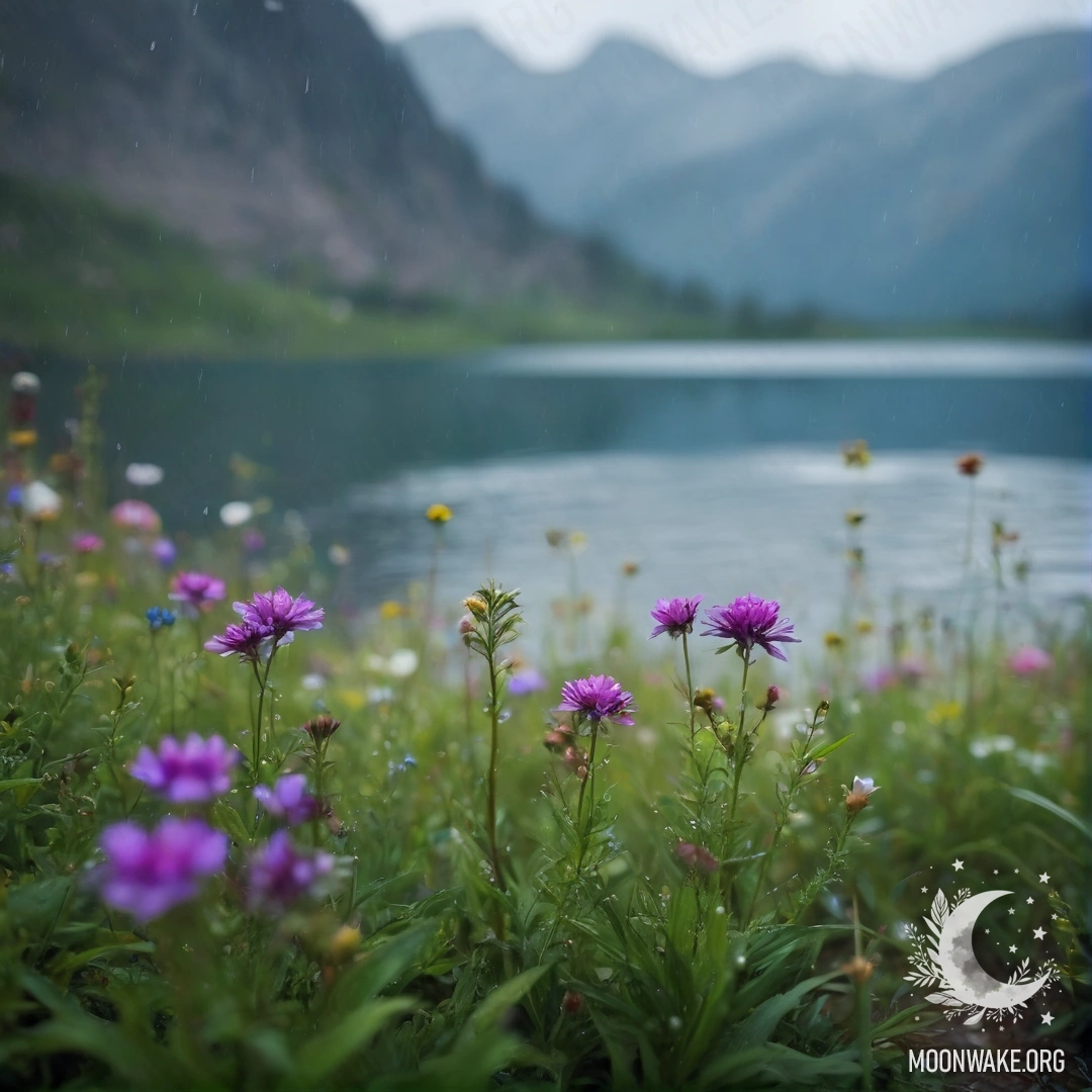 Крупный план уютных полевых цветов под дождем с размытым горным озером на заднем плане.