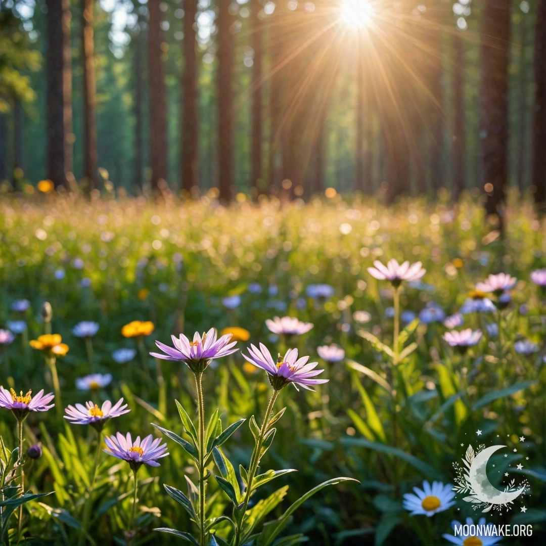 Крупный план уютных полевых цветов на фоне размытого леса с солнечными лучами, проникающими сквозь деревья и создающими теплую атмосферу.