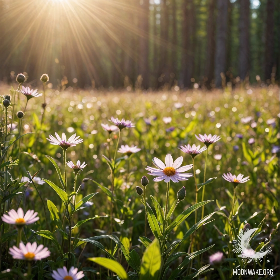 Крупный план ярких полевых цветов, освещенных солнечным светом на фоне леса в боке