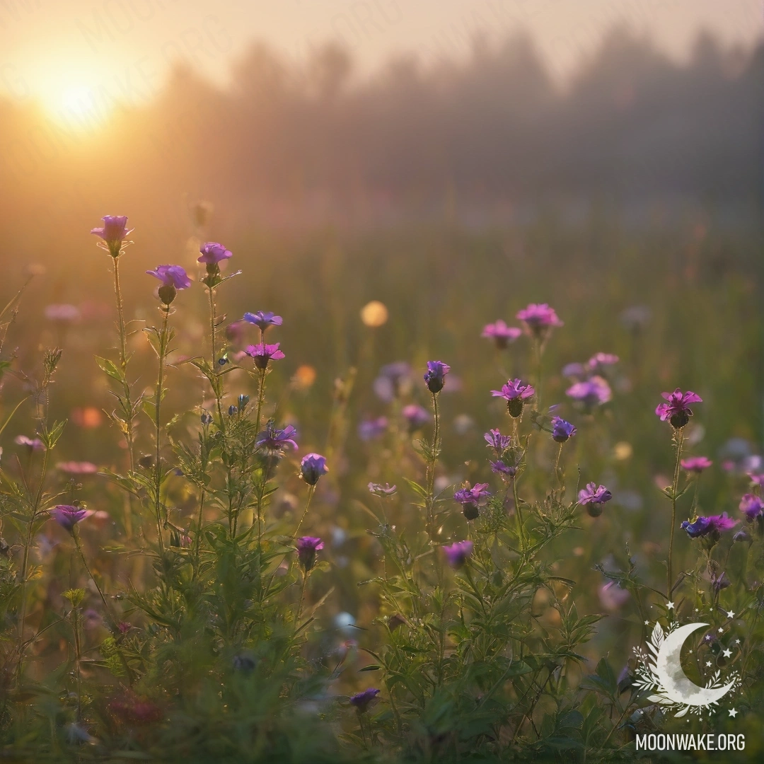 Крупный план уютных полевых цветов на фоне туманного заката с мягким боке.
