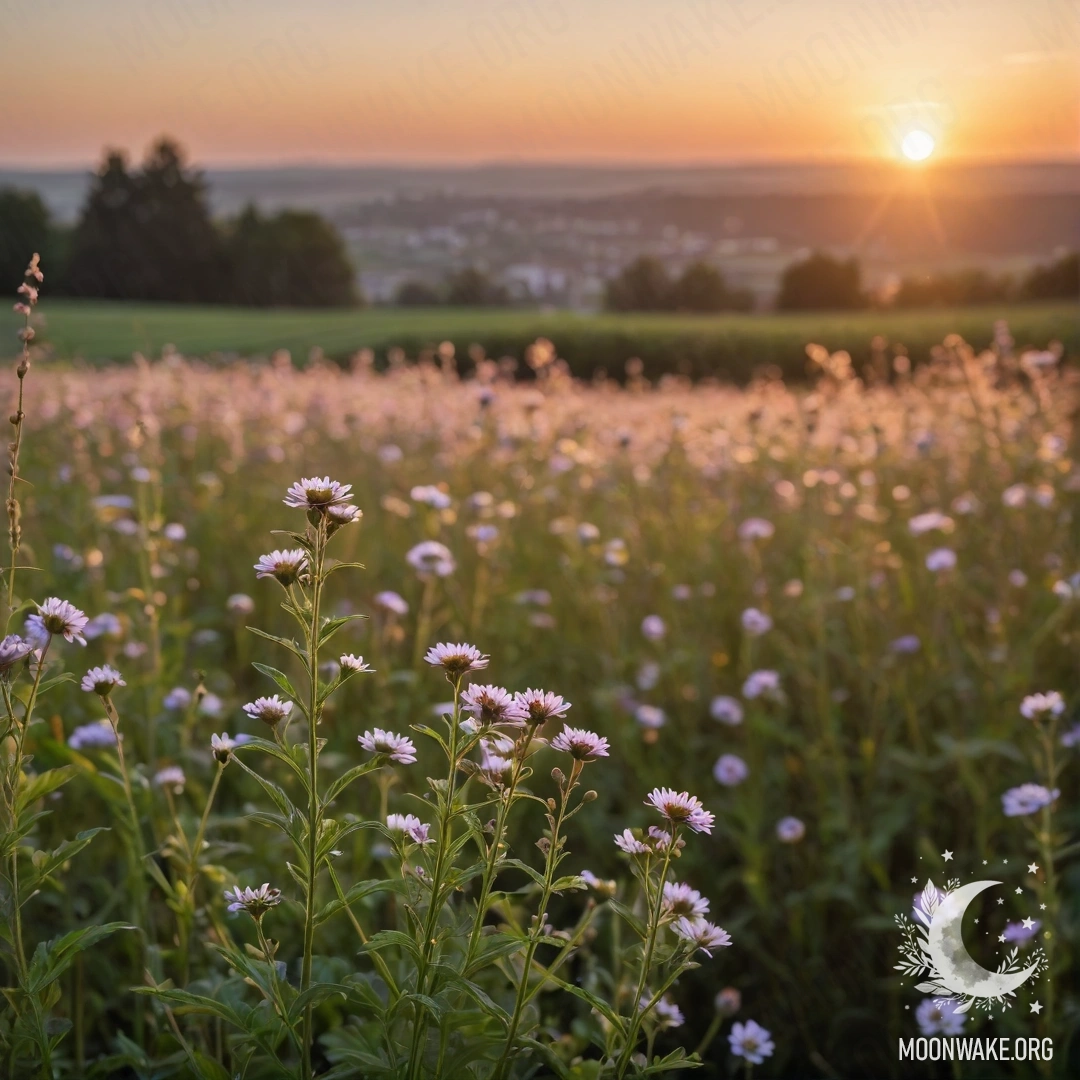 Крупный план уютных полевых цветов на фоне размытого неба на закате.