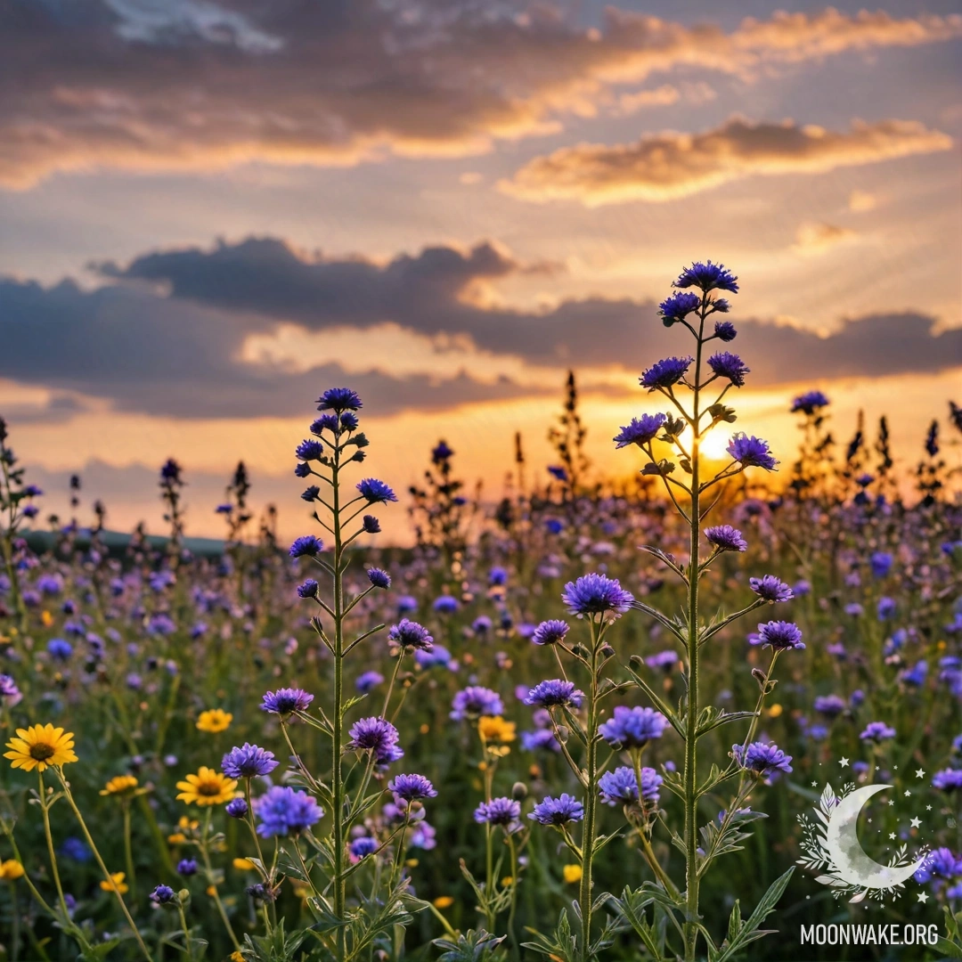 Крупный план полевых цветов на фоне размытого закатного неба с облаками.