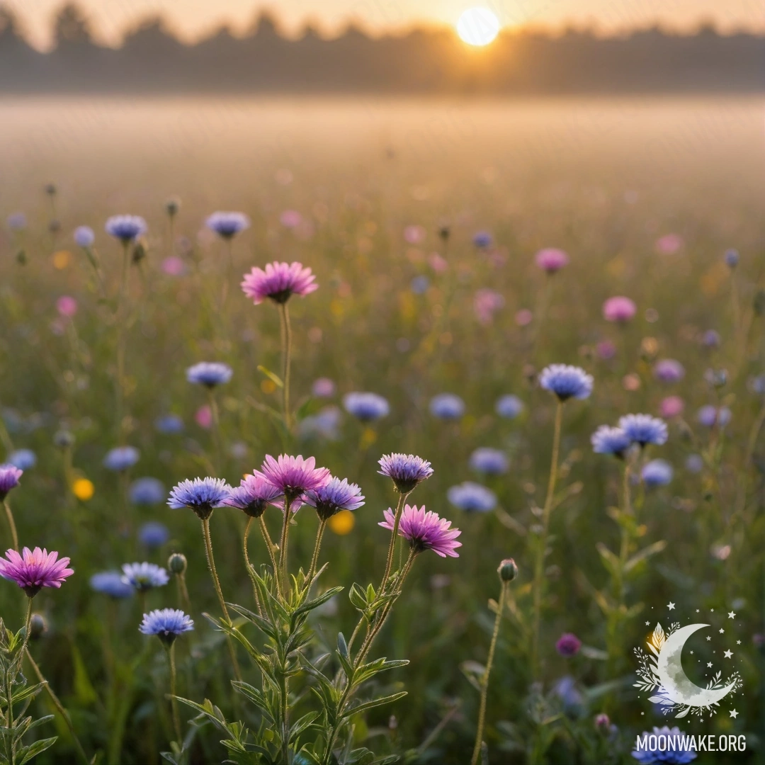 Крупный план ярких полевых цветов на фоне яркого боке с туманом и лучами солнца на закате
