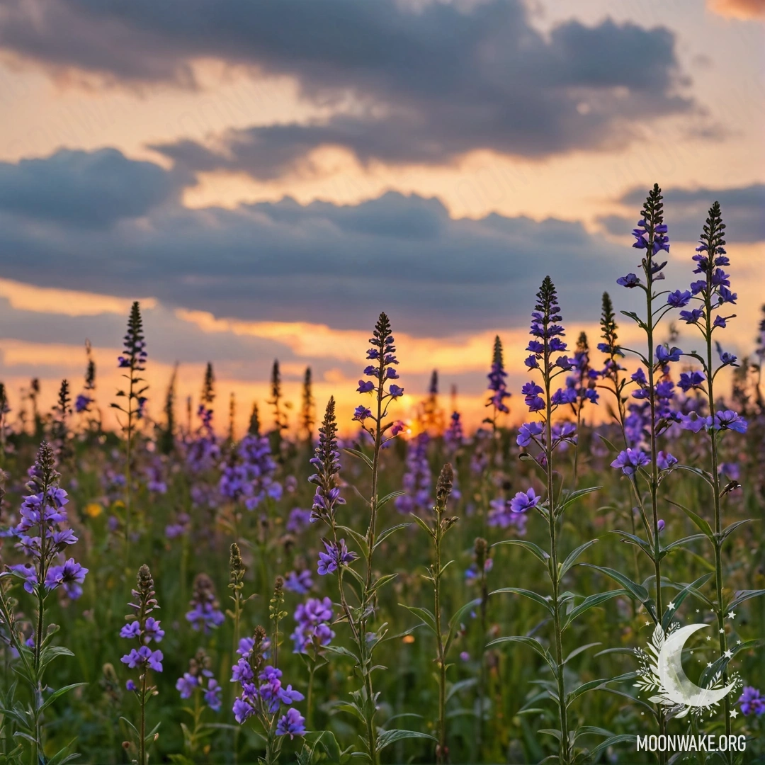 Крупный план полевых цветов в уютной обстановке на фоне размытое неба с облаками во время заката.