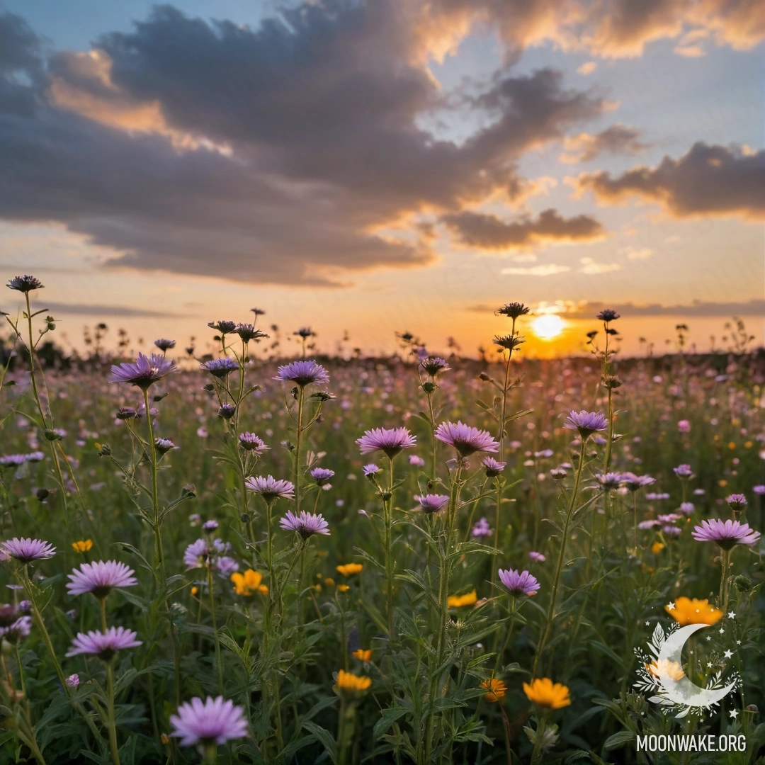 Крупный план полевых цветов на фоне мечтательного боке неба с облаками на закате.