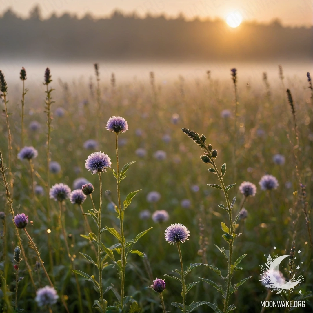 Крупный план уютных полевых цветов на фоне боке и тумана при закате.