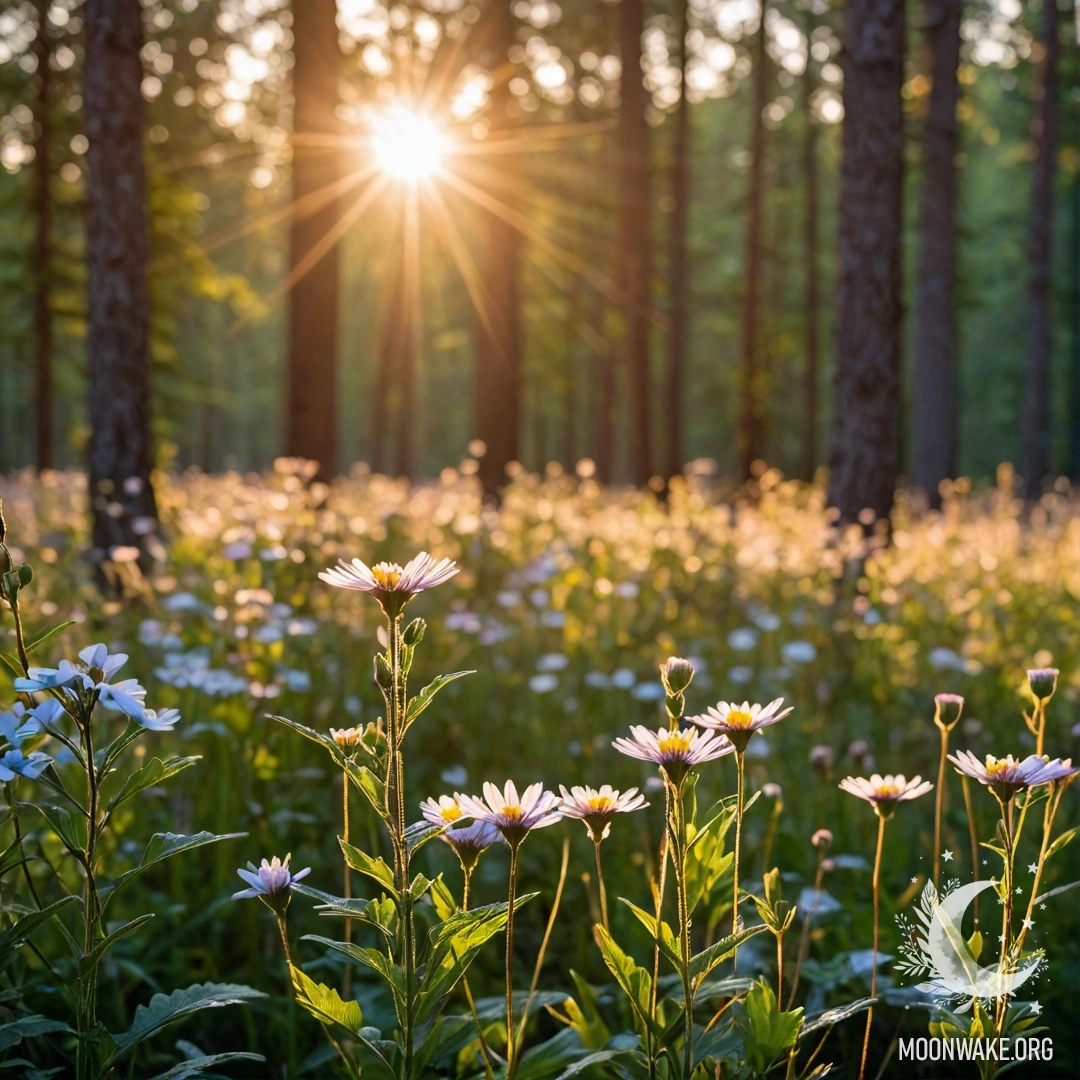 Крупный план ярких полевых цветов на размытом фоне леса и солнечных лучей на закате.
