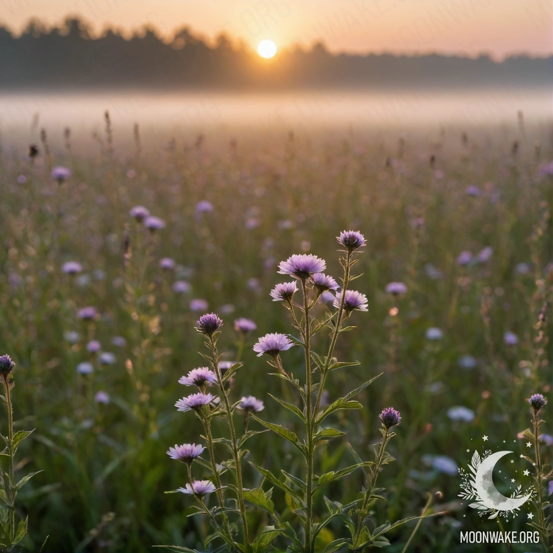 Крупный план полевых цветов на фоне мягкого боке во время заката с туманом.