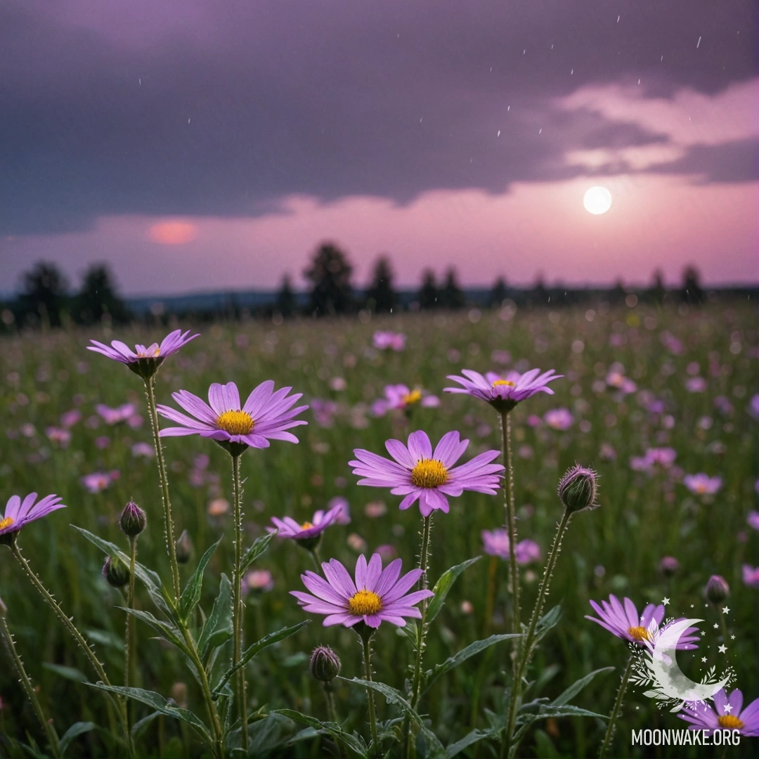 Крупный план цветных полевых цветов на фоне фиалкового неба с луной