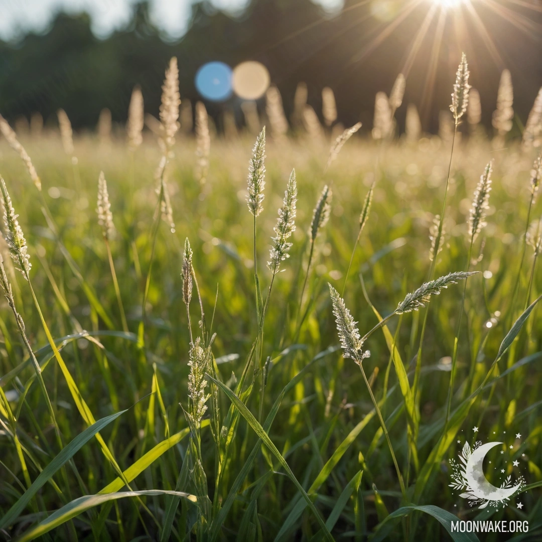Крупный план зелёной травы с размытыми цветами и солнечными бликами.