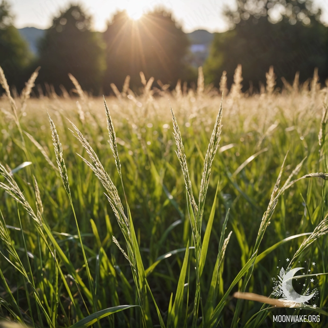 Крупный план уютной травы на поле на фоне размытого голубого неба.
