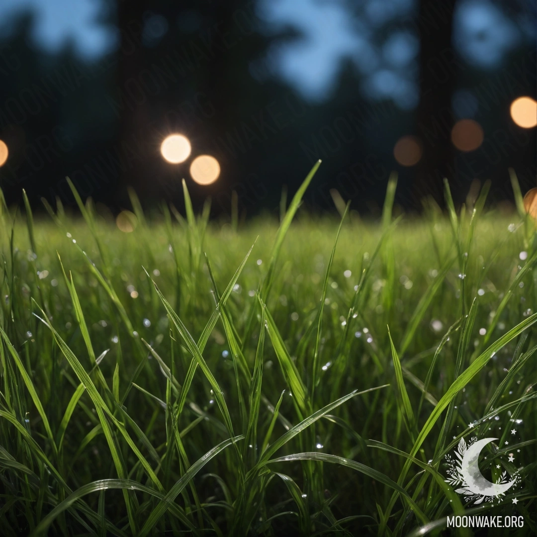 Крупный план травы на уютном поле, подсвеченном боке в лесу ночью.