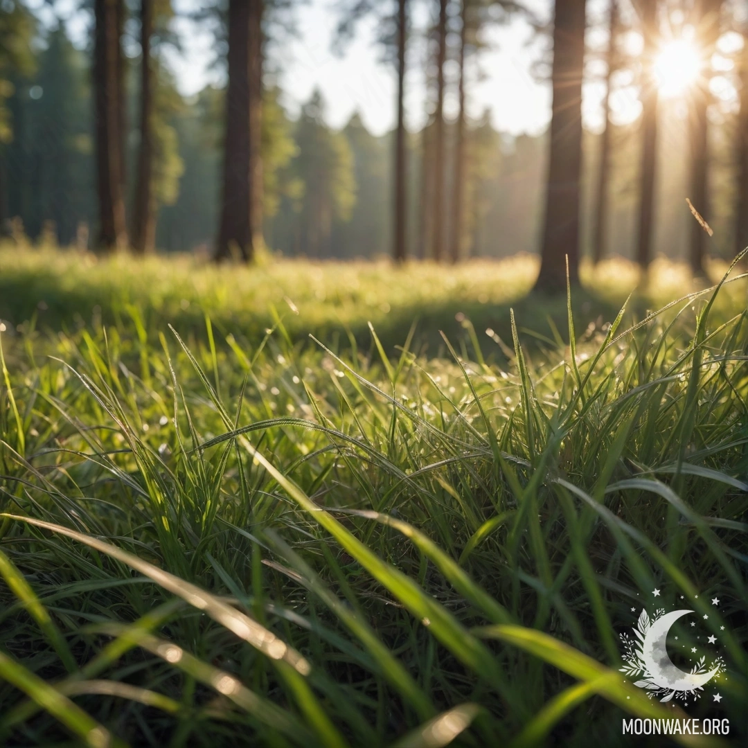 Крупный план травы на уютном поле с солнечными лучами, пробивающимися сквозь деревья.
