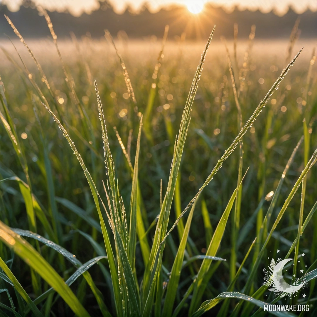 Крупный план травы на туманном поле во время заката, размытый фон.