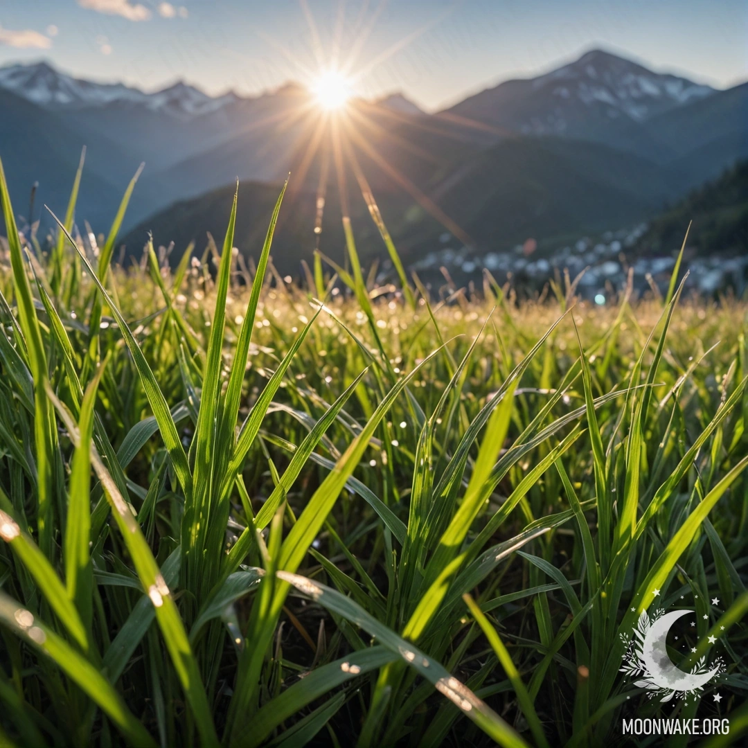 Крупный план зелёной травы на уютном поле на фоне размытой горной стены с мягкими вспышками света.