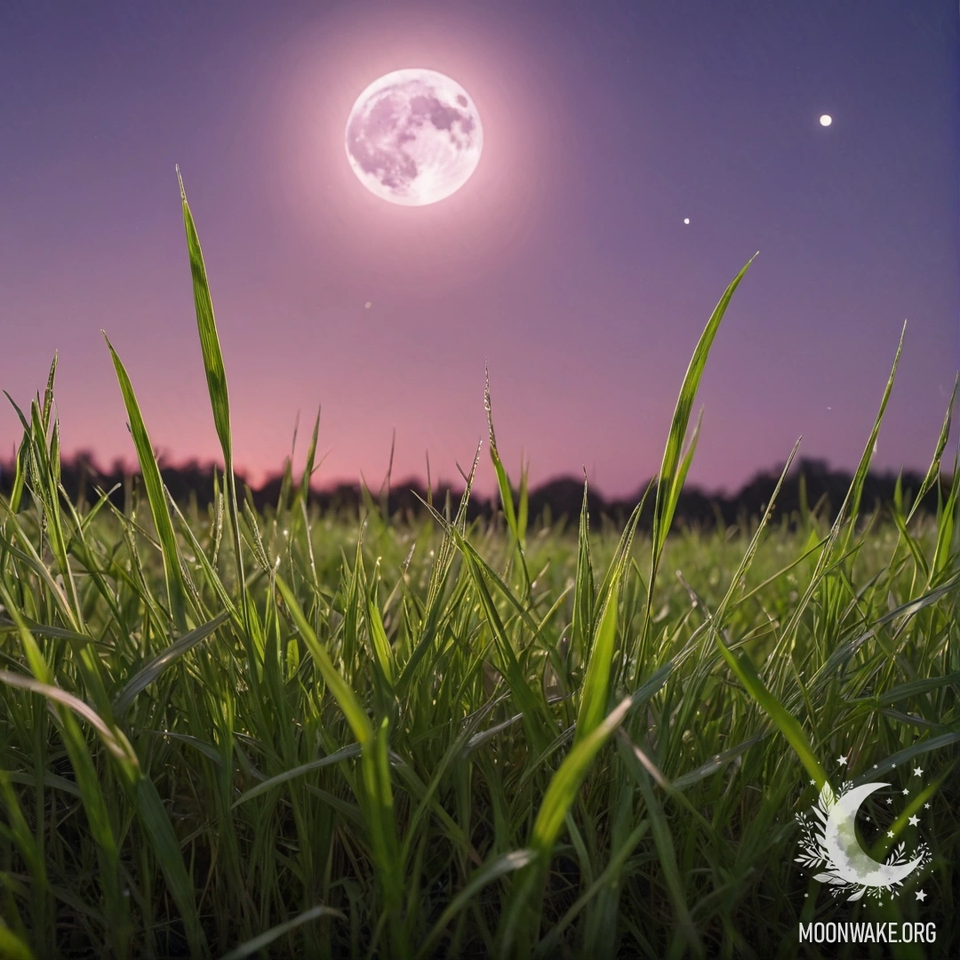 Крупный план травы на уютном поле с розово-фиолетовым небом и луной.