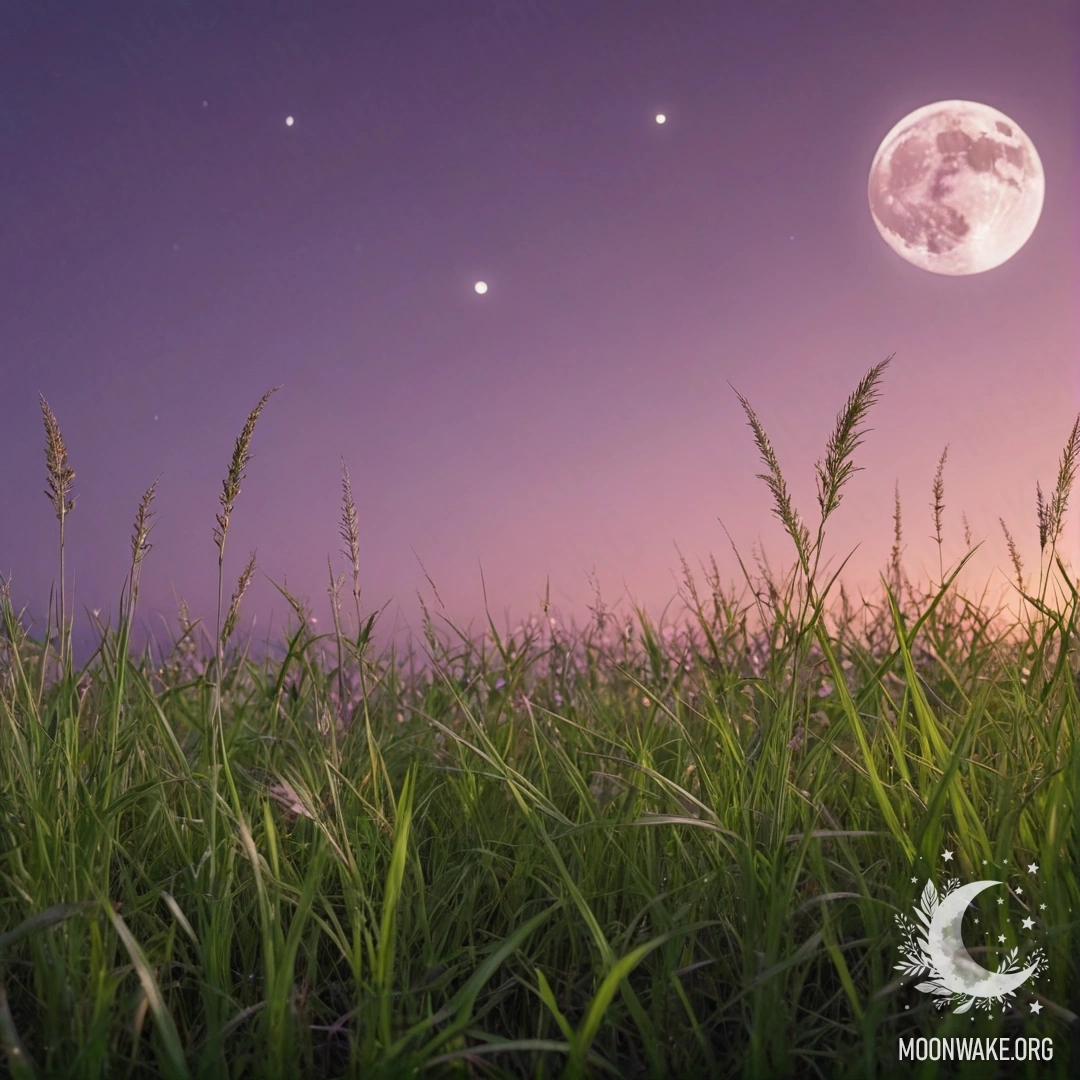 Крупный план травы на уютном поле на фоне розово-фиолетового неба с луной.