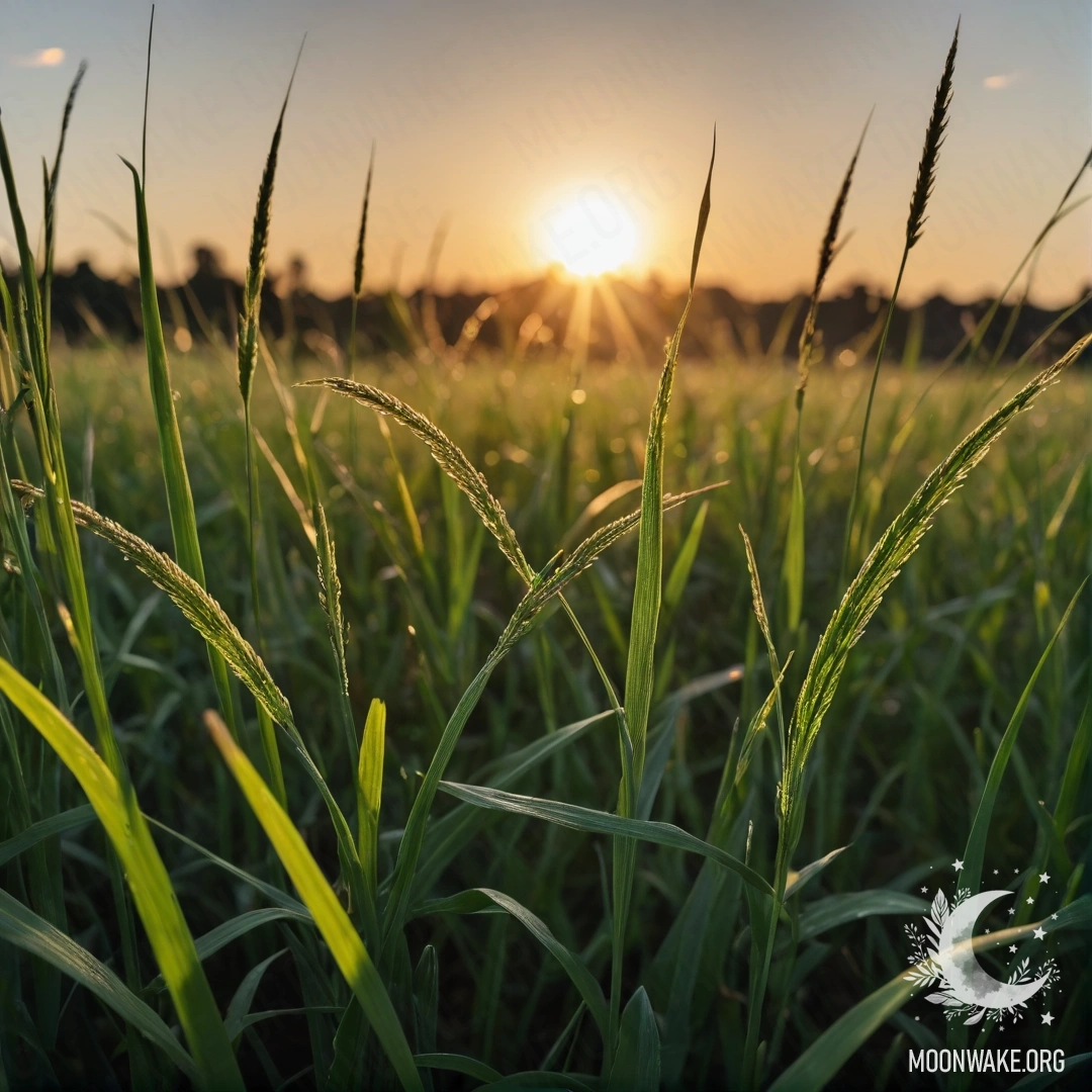 Крупный план травы на уютном поле на фоне заката с боке и бликами от объектива.