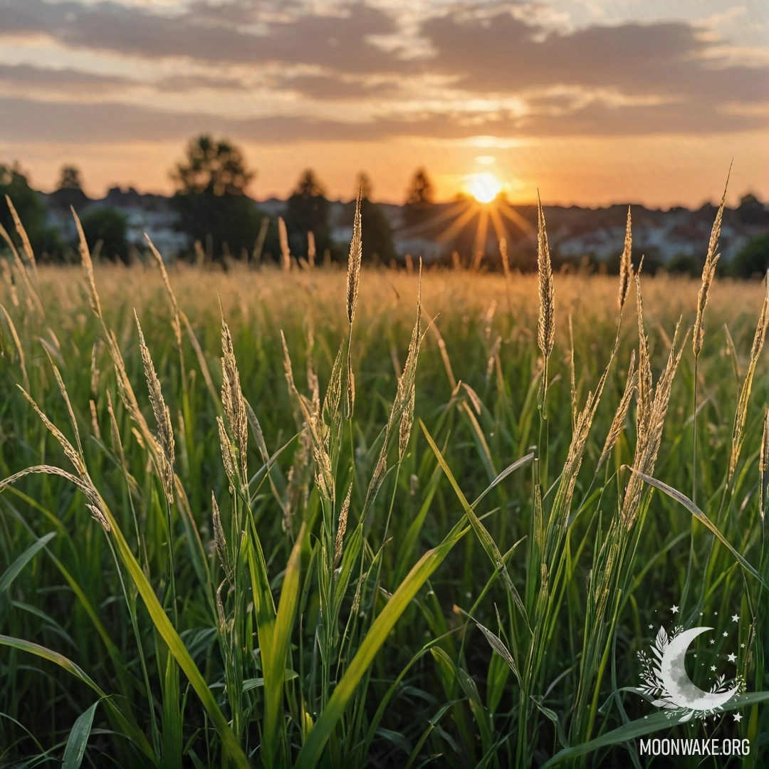 Крупный план мягкой травы в уютном поле на фоне размытого неба с пушистыми облаками на закате.