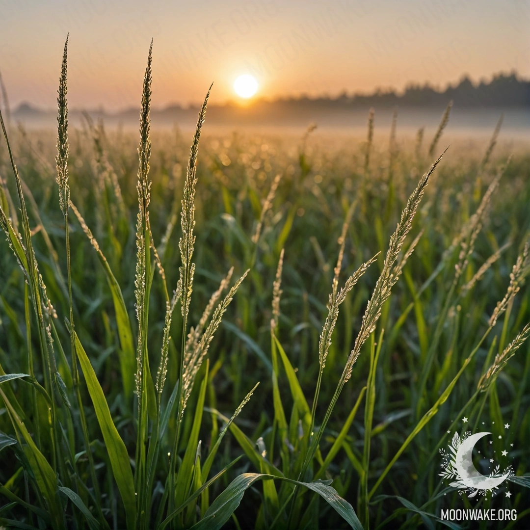 Крупный план травы в уютном поле с эффектом боке и туманом на закате.