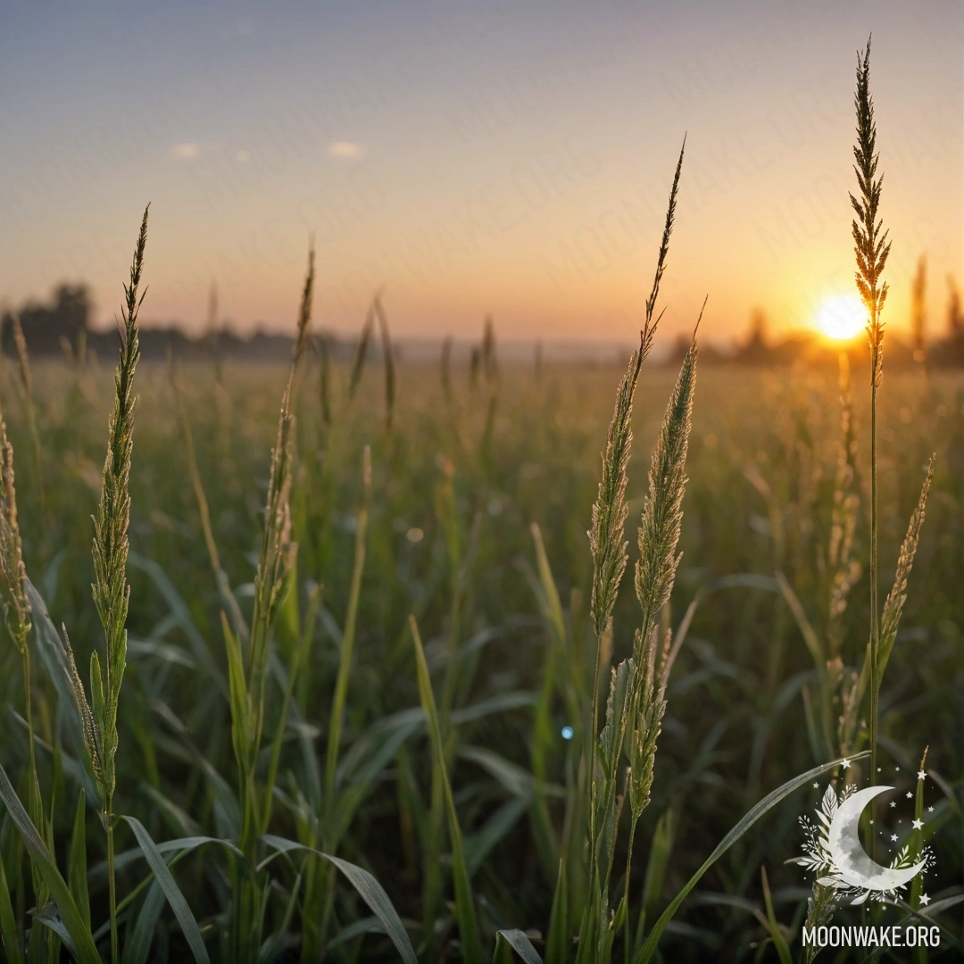 Крупный план травы на туманном поле во время заката с боке эффектом.