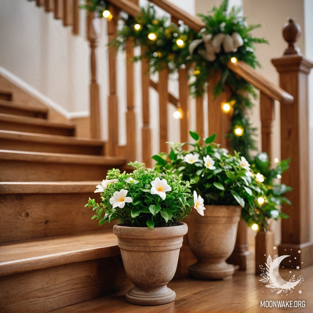 Деревянная лестница, украшенная цветочными горшками и мерцающими гирляндами.