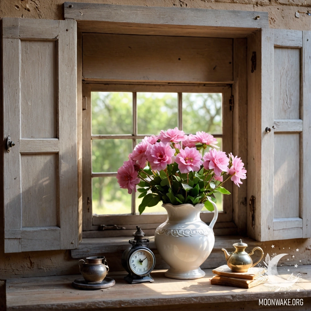 Крупный план цветочной занавески с окном и распустившимся садом на заднем плане в мягком фокусе.