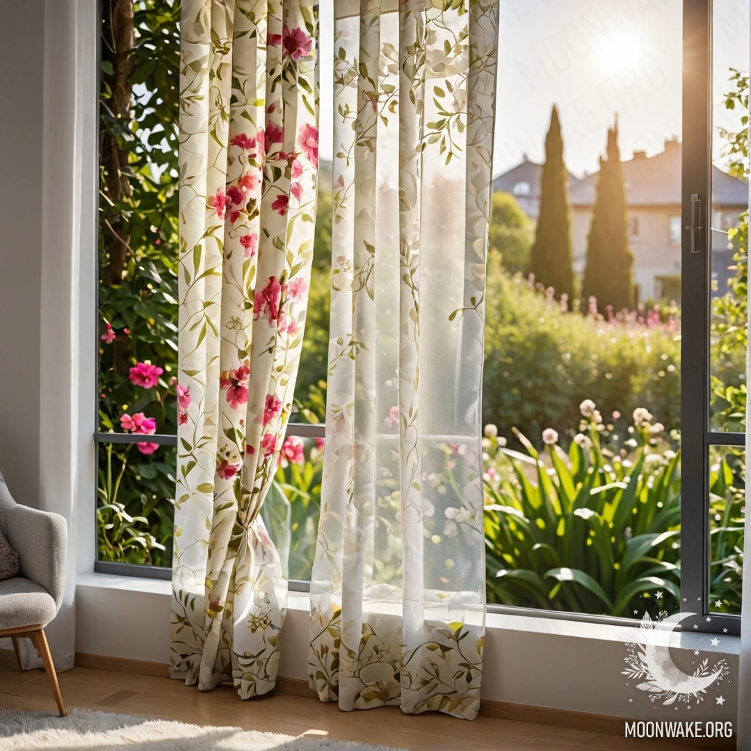 Крупный план цветочной занавески с окном и цветущим садом на заднем плане.