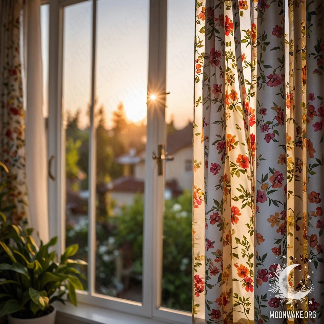 Крупный план цветочной занавески с видом на цветущий сад за окном.