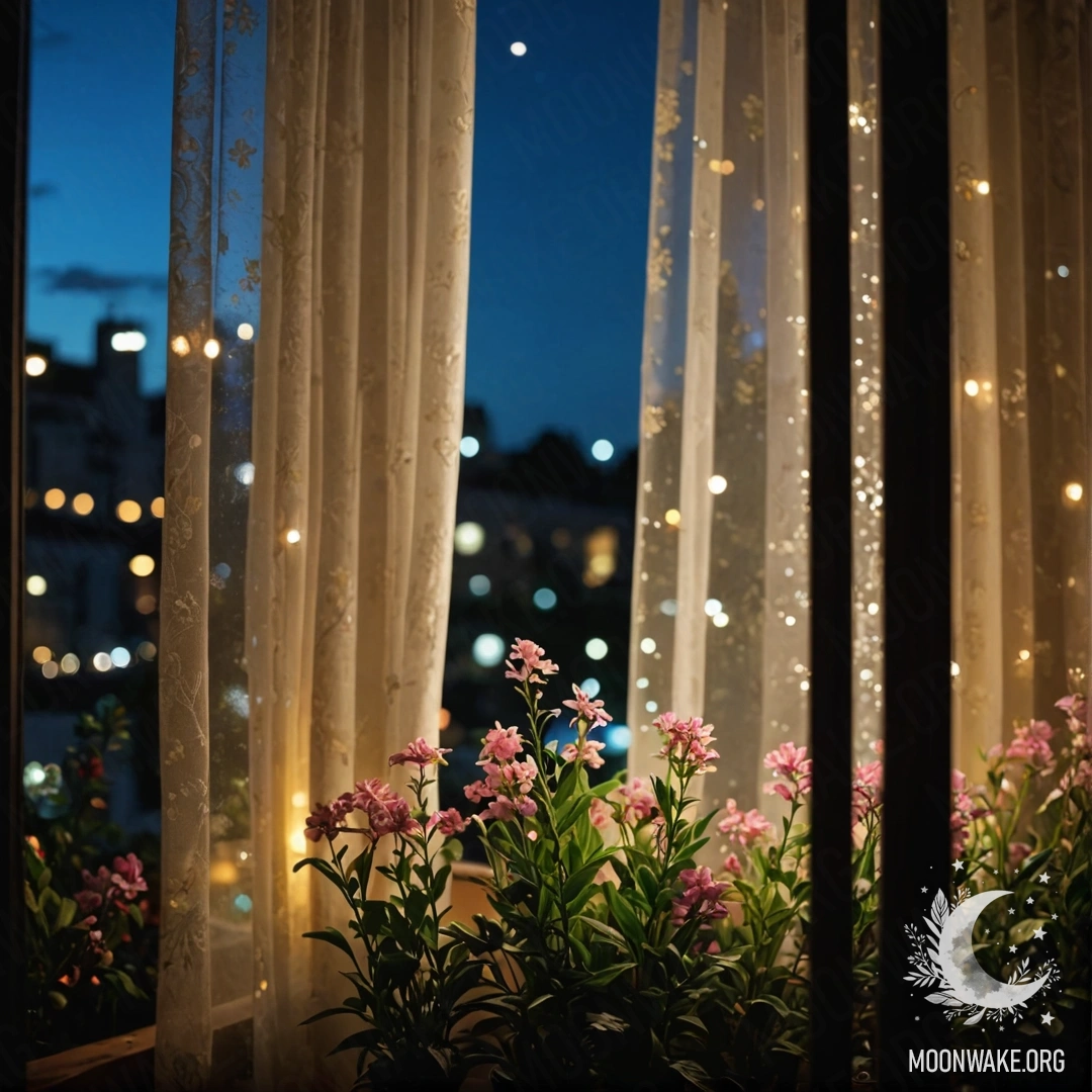 Крупный план цветочного занавеса с окном за ним и размытым видом на сад снаружи ночью.