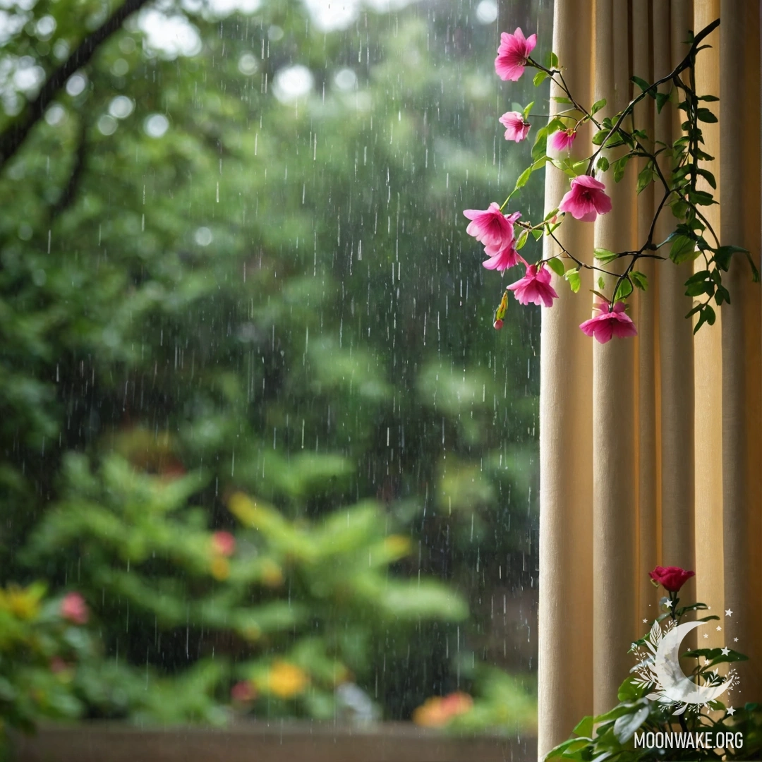 Крупный план цветочной занавески с видом на цветущий сад за окном.