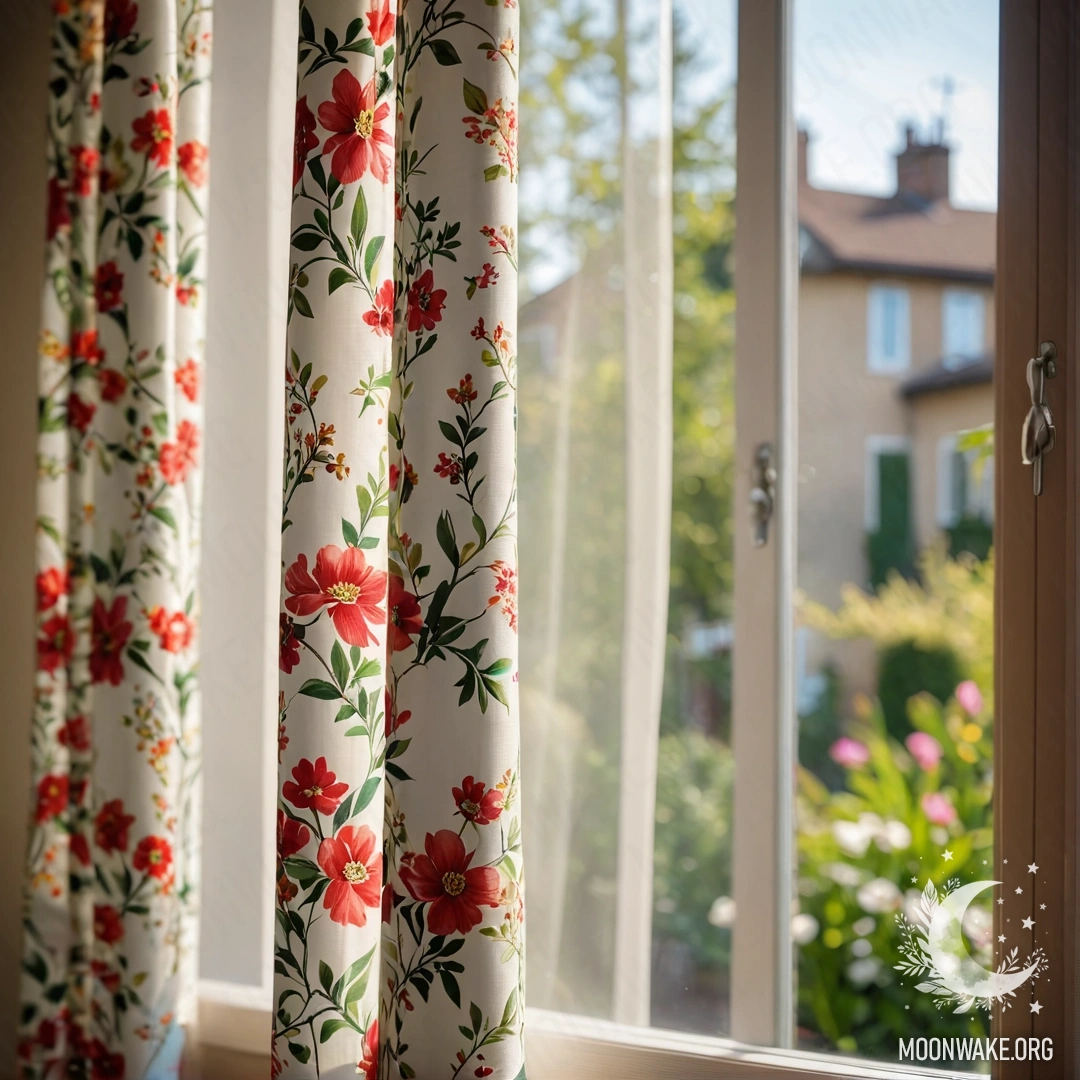 Крупный план цветочной занавески с окном за ней, через которое виден размытый цветущий сад.