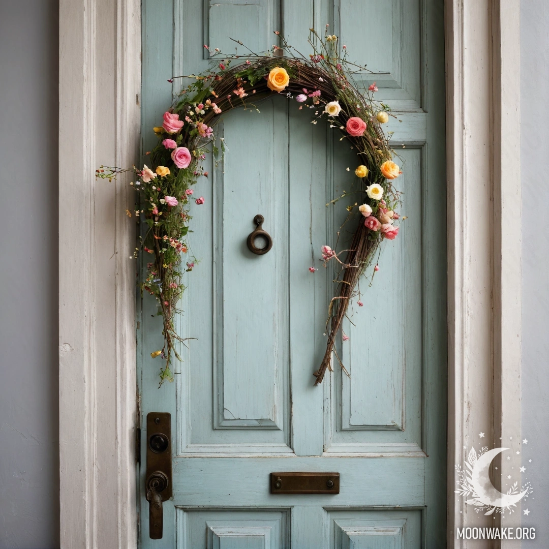 Удобное кресло, накрытое пледом, украшенное букетом цветов и гирляндой огней на фоне потертой стены.