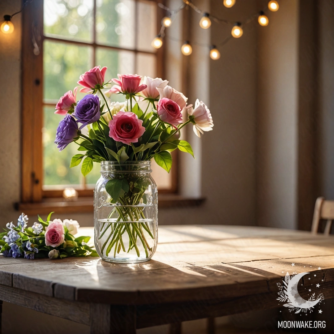 Старинный деревянный стол с банкой цветов и размытым фоном.