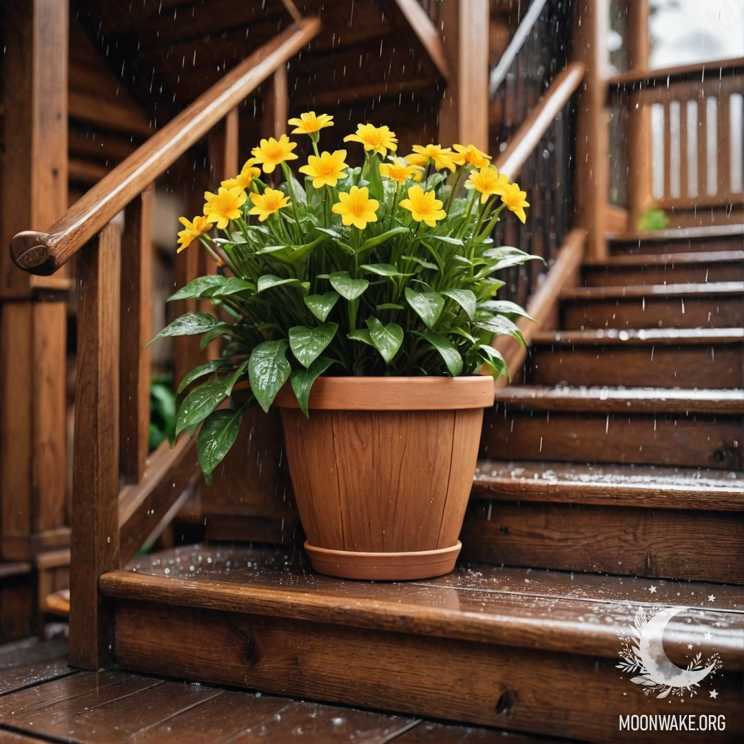 Реалистичное изображение цветочных горшков на деревянной лестнице под дождем.