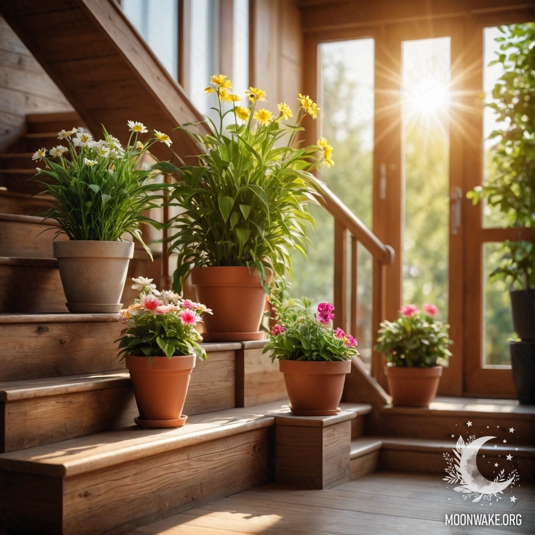 Деревянная лестница, украшенная цветочными горшками на фоне солнечных лучей.