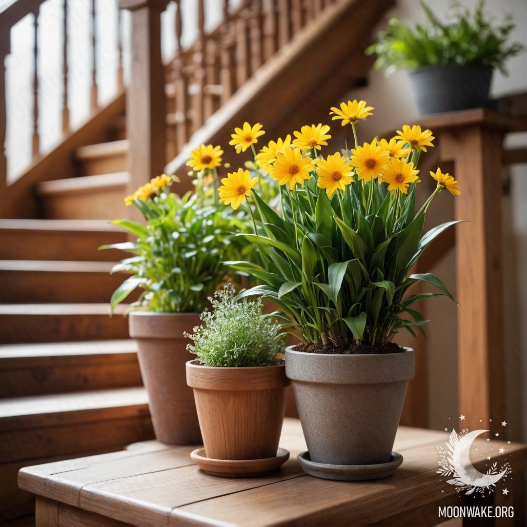 Деревянная лестница, украшенная цветочными горшками с растениями-линзами.