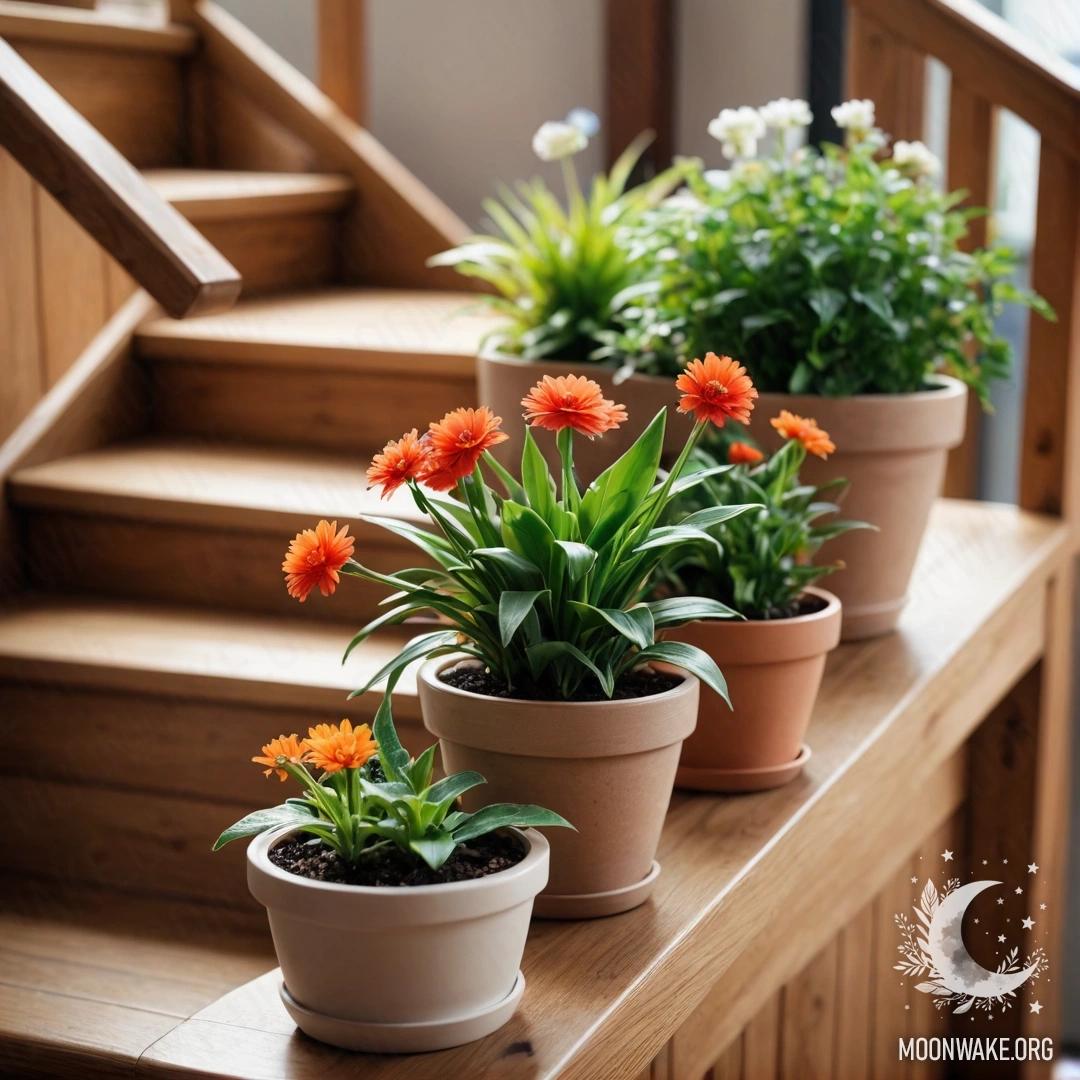 Деревянная лестница, украшенная цветочными горшками, создающими уютную атмосферу.