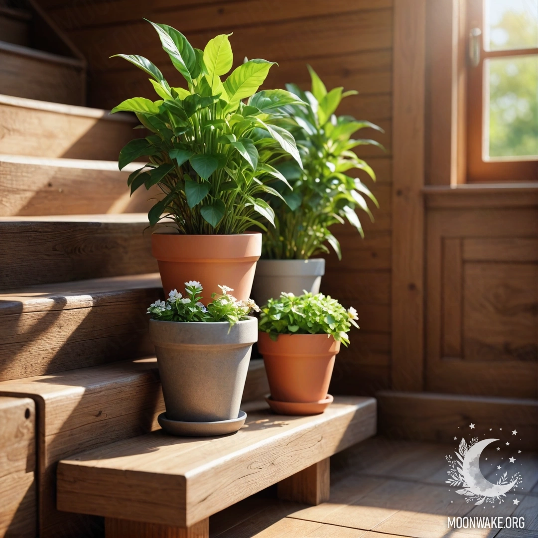 Цветочные горшки расположены на деревянной лестнице, освещенные солнечными лучами.