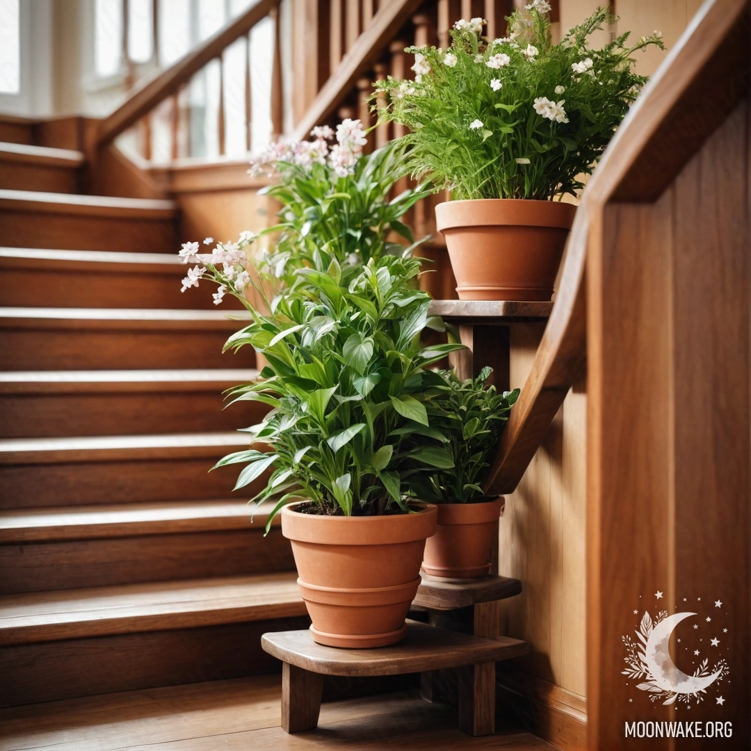 Живописная деревянная лестница, украшенная яркими цветочными горшками.