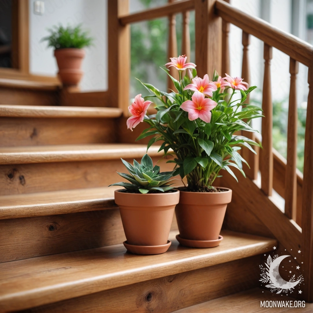 Деревянная лестница, украшенная цветочными горшками, создающая уютную атмосферу.