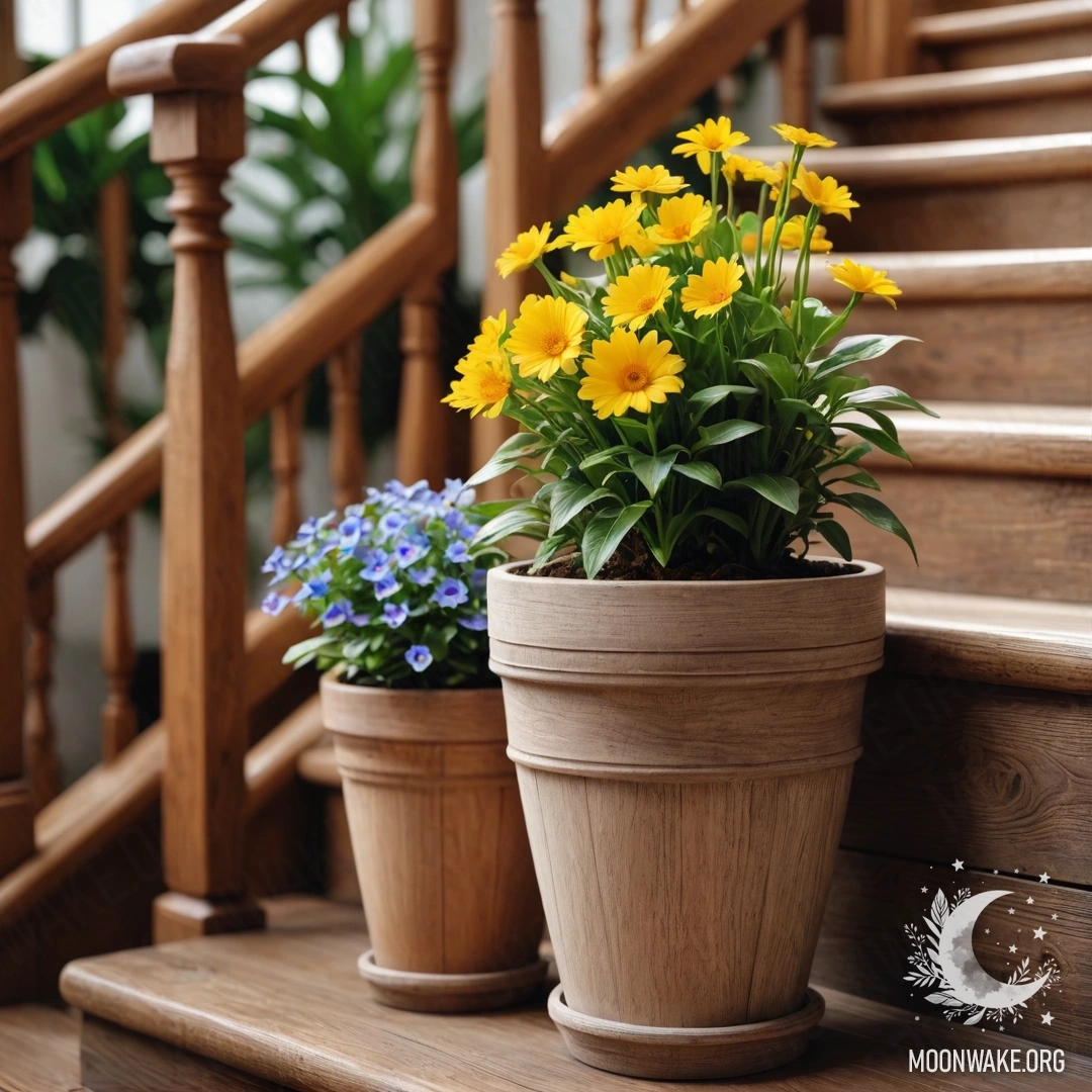 Деревянная лестница, украшенная цветочными горшками с яркими растениями.