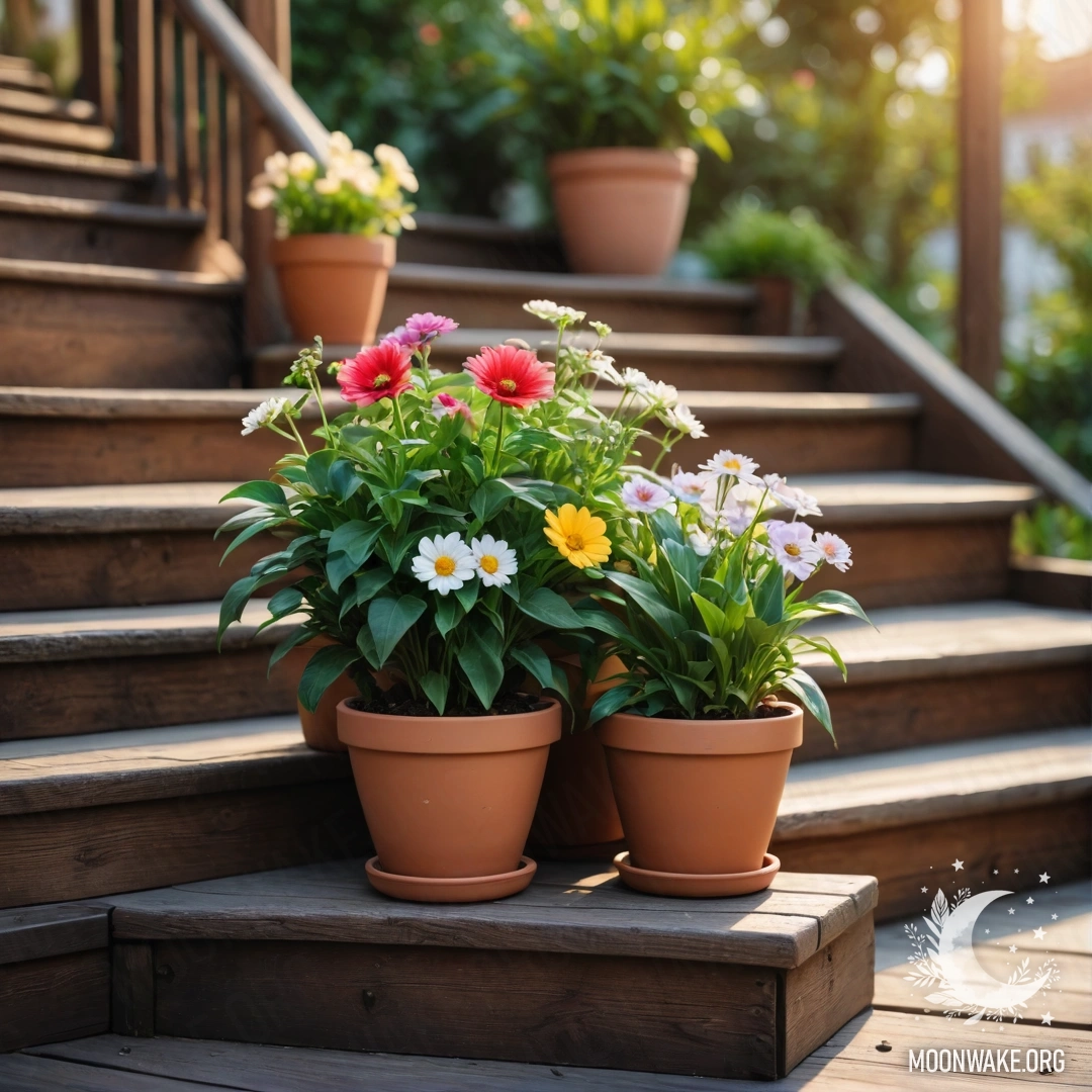 Деревянная лестница, украшенная цветочными горшками, купающимися в лучах заката.