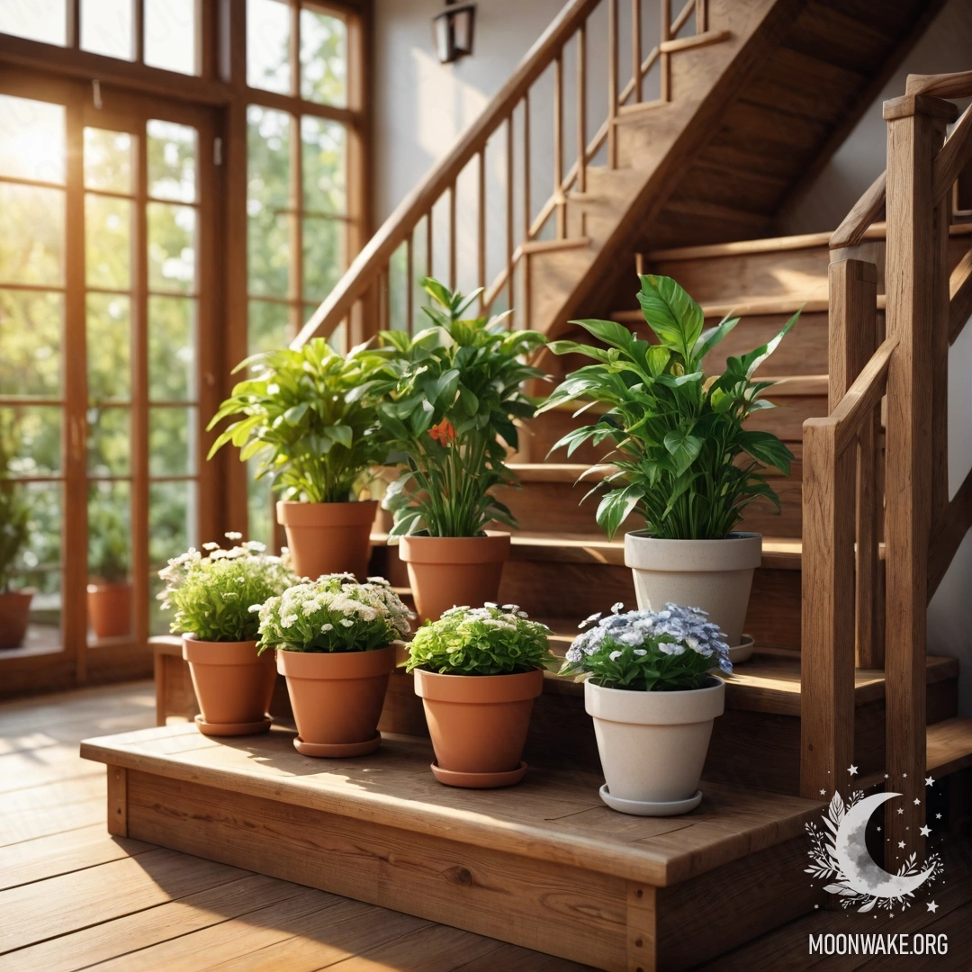 Деревянная лестница, украшенная яркими цветочными горшками, залитыми нежным солнечным светом.
