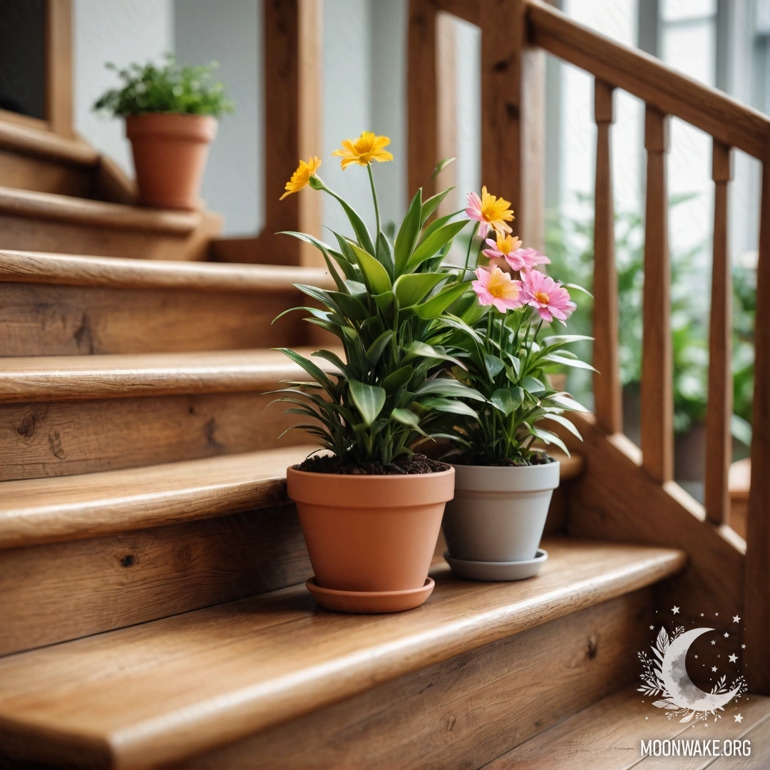 Цветочные горшки с линзами, расположенные на деревянной лестнице, создают уютную атмосферу.
