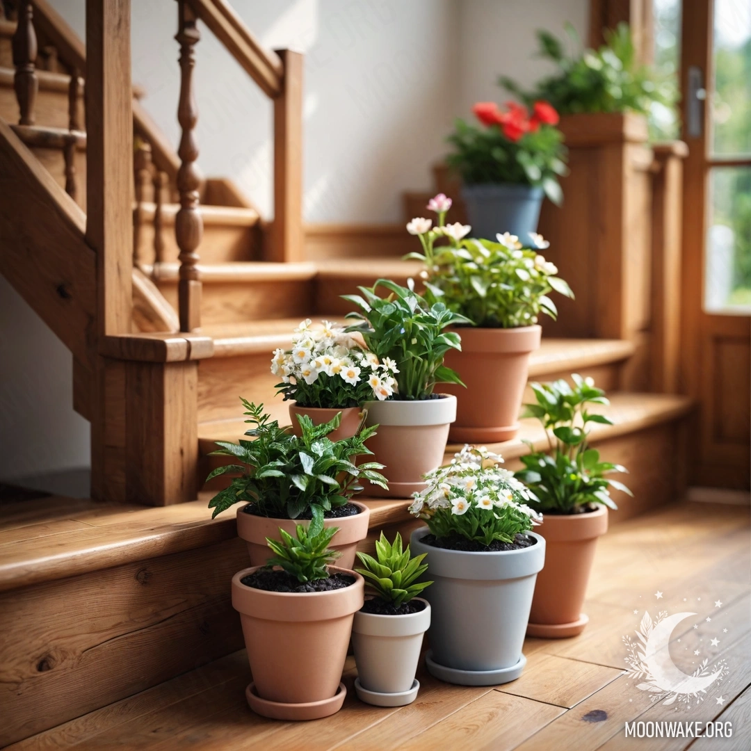 Уютная деревянная лестница, украшенная цветочными горшками и линзами.
